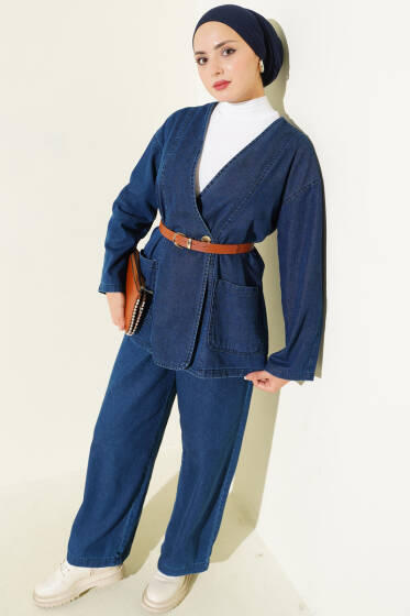 Kemerli Düğmeli Kot İkili Takım Kot - İkili Takım