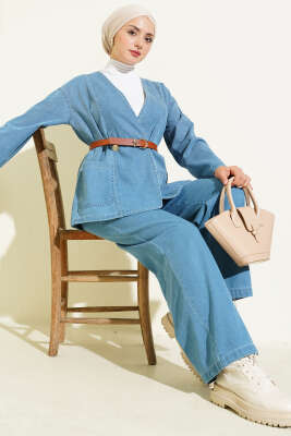 Kemerli Düğmeli Kot İkili Takım Kot Mavisi - BERAT TEKSTİL