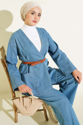 Kemerli Düğmeli Kot İkili Takım Kot Mavisi - İkili Takım