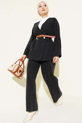 Kemerli Düğmeli Kot İkili Takım Siyah 