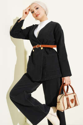 Kemerli Düğmeli Kot İkili Takım Siyah - İkili Takım