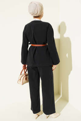 Kemerli Düğmeli Kot İkili Takım Siyah - İkili Takım