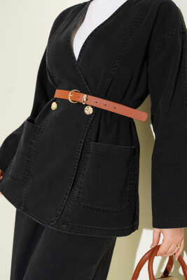 Kemerli Düğmeli Kot İkili Takım Siyah - İkili Takım