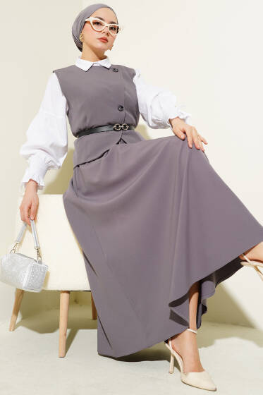 Kemerli Düğmeli Yelekli İkili Takım Füme - İkili Takım