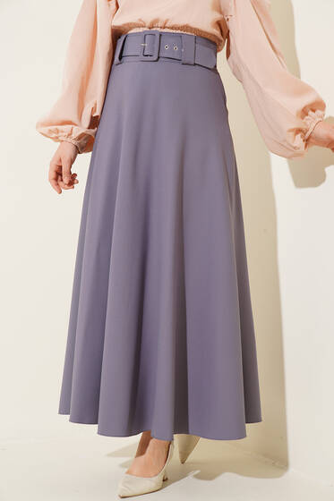 Kemerli Düz Kloş Etek Gri - Uzun Etek
