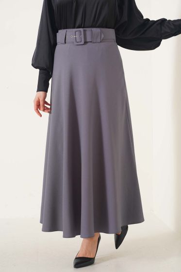 Kemerli Düz Kloş Etek Kayrak Grisi - Uzun Etek