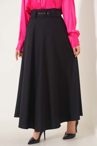 Kemerli Düz Kloş Etek Siyah - Uzun Etek