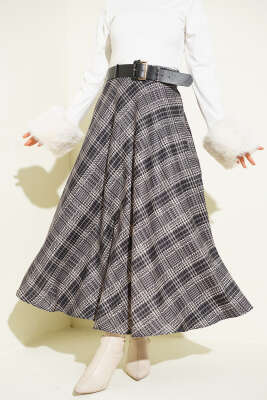 Kemerli Ekose Desen Kloş Etek Bej 