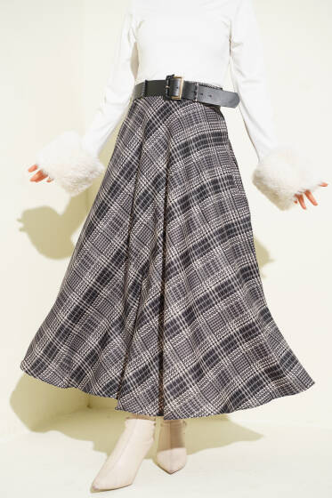 Kemerli Ekose Desen Kloş Etek Bej - Etek