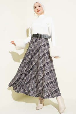 Kemerli Ekose Desen Kloş Etek Bej - Etek