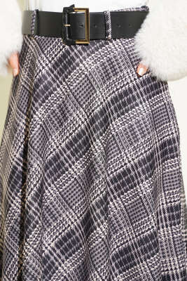 Kemerli Ekose Desen Kloş Etek Bej - Etek