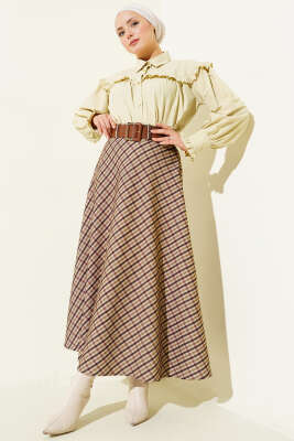 Kemerli Ekose Desen Kloş Etek Camel - Etek