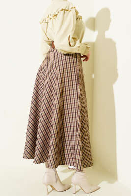 Kemerli Ekose Desen Kloş Etek Camel - Etek