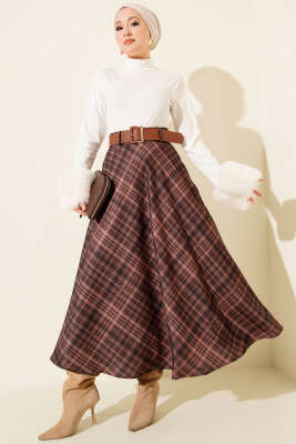 Kemerli Ekose Desen Kloş Etek Kahve - Günün Seçilenleri