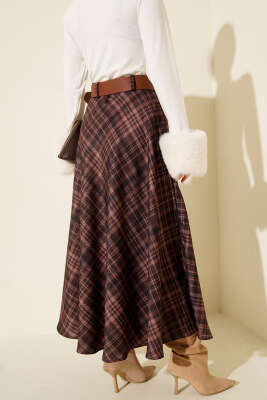 Kemerli Ekose Desen Kloş Etek Kahve - Günün Seçilenleri