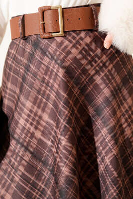 Kemerli Ekose Desen Kloş Etek Kahve - Günün Seçilenleri