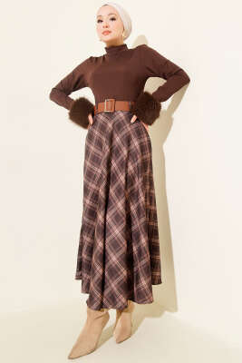 Kemerli Ekose Desen Kloş Etek Kestane - Etek