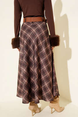 Kemerli Ekose Desen Kloş Etek Kestane - Etek