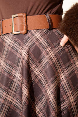 Kemerli Ekose Desen Kloş Etek Kestane - Günün Seçilenleri