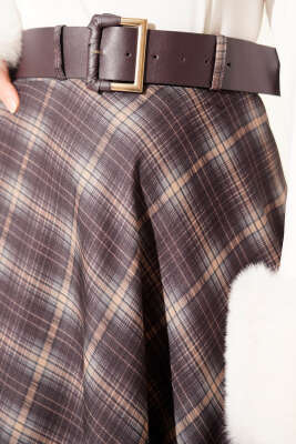 Kemerli Ekose Desen Kloş Etek Lacivert - Etek