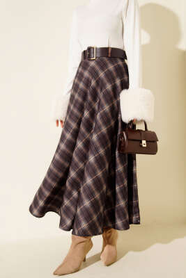 Kemerli Ekose Desen Kloş Etek Lacivert - FİXAY