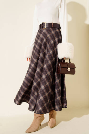 Kemerli Ekose Desen Kloş Etek Lacivert - Günün Seçilenleri