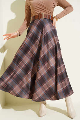 Kemerli Ekose Desen Kloş Etek Sütlü Kahve 