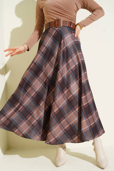 Kemerli Ekose Desen Kloş Etek Sütlü Kahve - Etek