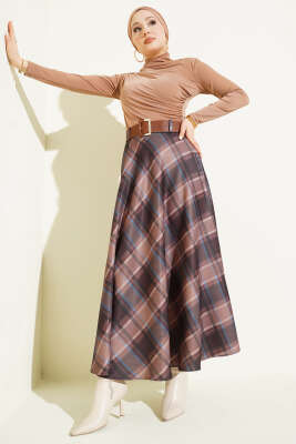 Kemerli Ekose Desen Kloş Etek Sütlü Kahve - Etek