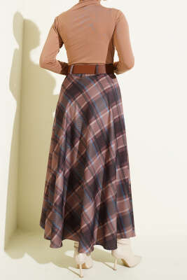 Kemerli Ekose Desen Kloş Etek Sütlü Kahve - Etek