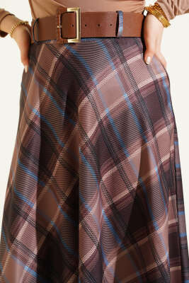 Kemerli Ekose Desen Kloş Etek Sütlü Kahve - Etek