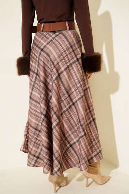 Kemerli Ekose Desen Kloş Etek Vizon - Etek