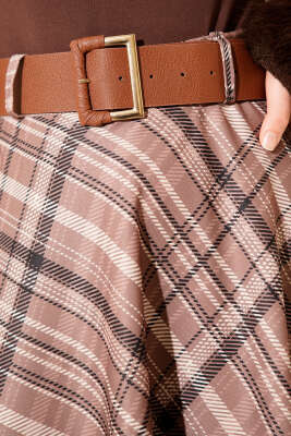 Kemerli Ekose Desen Kloş Etek Vizon - Etek