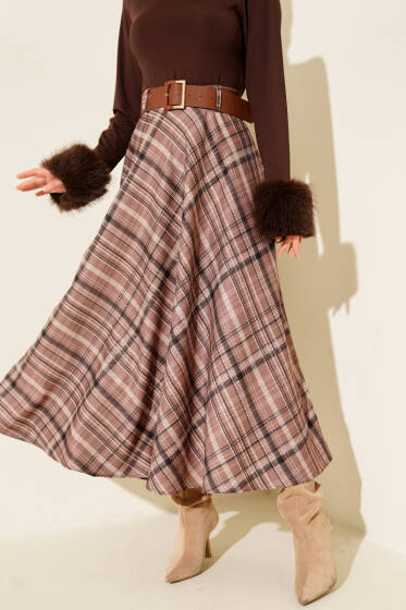 Kemerli Ekose Desen Kloş Etek Vizon - Günün Seçilenleri