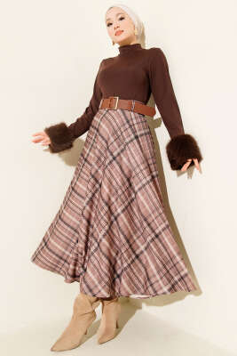 Kemerli Ekose Desen Kloş Etek Vizon - Günün Seçilenleri