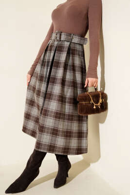 Kemerli Ekose Desen Pensli Etek Gri - ESTELLE