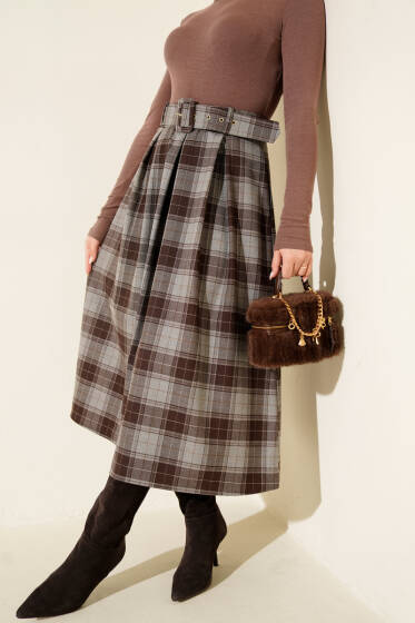 Kemerli Ekose Desen Pensli Etek Gri - Etek