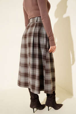 Kemerli Ekose Desen Pensli Etek Gri - Etek