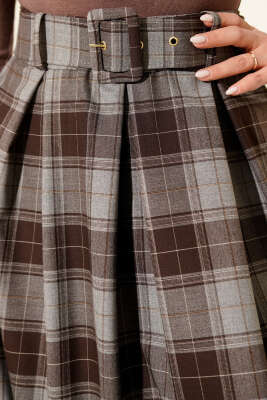 Kemerli Ekose Desen Pensli Etek Gri - Etek