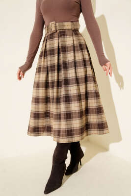 Kemerli Ekose Desen Pensli Etek Vizon - ESTELLE