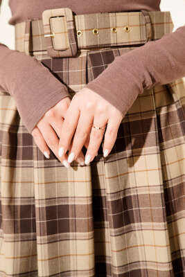 Kemerli Ekose Desen Pensli Etek Vizon - Etek