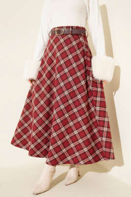 Kemerli Ekose Desenli Etek Bordo - DUFON