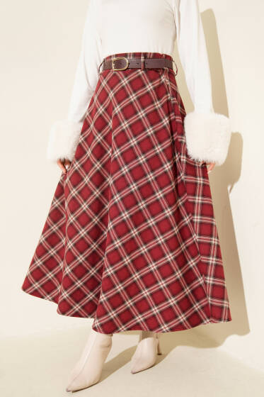 Kemerli Ekose Desenli Etek Bordo - Günün Seçilenleri