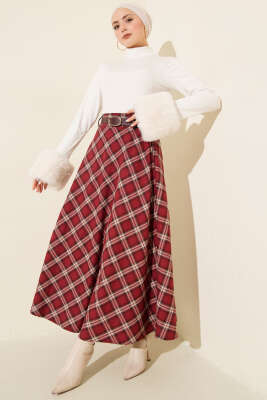 Kemerli Ekose Desenli Etek Bordo - Günün Seçilenleri