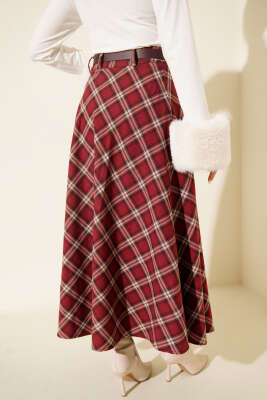 Kemerli Ekose Desenli Etek Bordo - Günün Seçilenleri