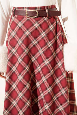 Kemerli Ekose Desenli Etek Bordo - Günün Seçilenleri