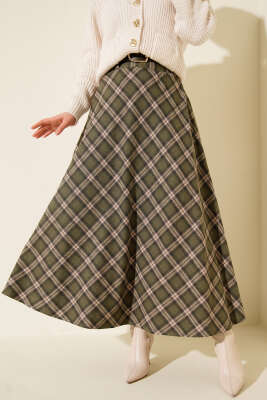 Kemerli Ekose Desenli Etek Haki - DUFON