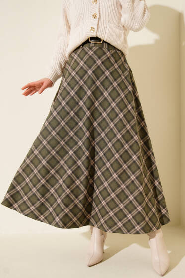 Kemerli Ekose Desenli Etek Haki - Etek