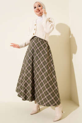 Kemerli Ekose Desenli Etek Haki - Etek