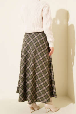 Kemerli Ekose Desenli Etek Haki - Etek